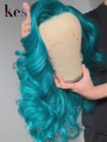 Keswigs HD Full Lace Wigs Virgin Human Hair 200 Density Heavy Layer Wavy Blue Color