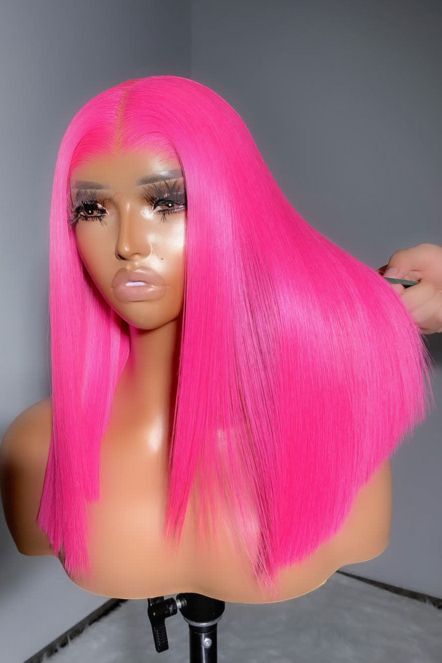 Keswigs 6×6 HD Lace Closure Wigs Virgin Human Hair 200 Density Lace Closure Straight Wigs Pink Color