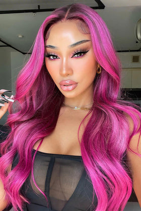 Keswigs 24 inch 13x6 HD Lace front wigs virgin human hair 200 density lace frontal body wave wigs purple and brown highlight color