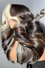 Keswigs 6X6 HD Lace Glueless Wigs Virgin Human Hair 200 Density Heavy Layer Curls Wigs Custom Highlight Platinum Blonde and Brown Color