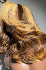 Keswigs 6X6 HD Lace Glueless Wigs Virgin Human Hair 200 Density Layer Bouncy Curls Wigs Custom Blonde Highlight Color