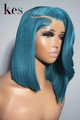Keswigs 6x6 HD Lace Wigs Virgin Human Hair 200 Density Side Part Blunt Cut Bob Blue Color