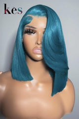 Keswigs 6x6 HD Lace Wigs Virgin Human Hair 200 Density Side Part Blunt Cut Bob Blue Color