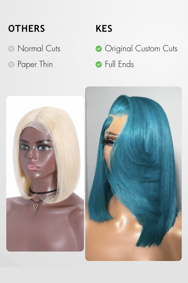 Keswigs 6x6 HD Lace Wigs Virgin Human Hair 200 Density Side Part Blunt Cut Bob Blue Color