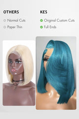 Keswigs 6x6 HD Lace Wigs Virgin Human Hair 200 Density Side Part Blunt Cut Bob Blue Color
