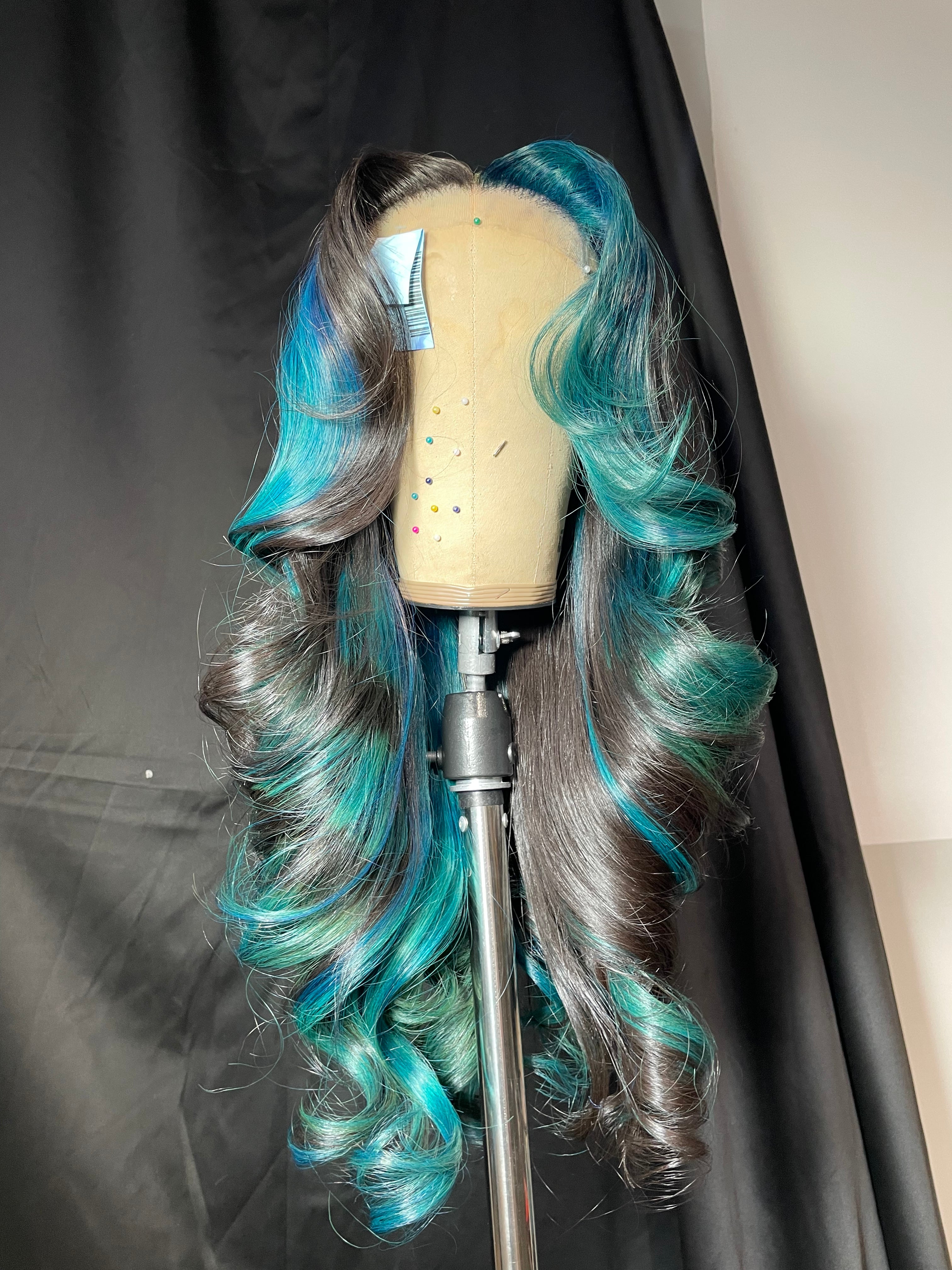 Kes 28 inch 5x5 HD Lace front wigs virgin human hair 200 density lace frontal straight wigs blue color