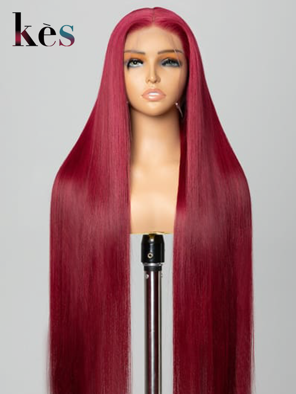 Keswigs Cherry Red Color 200 density straight virgin human hair 13x6 HD Lace front wigs