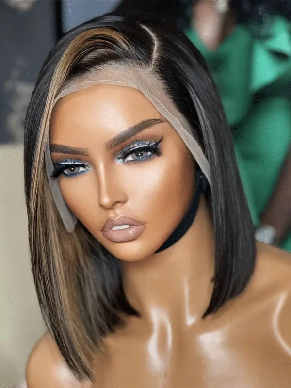 Brown Highlight Color Straight Bob Side Part Minimalist Lace Wig