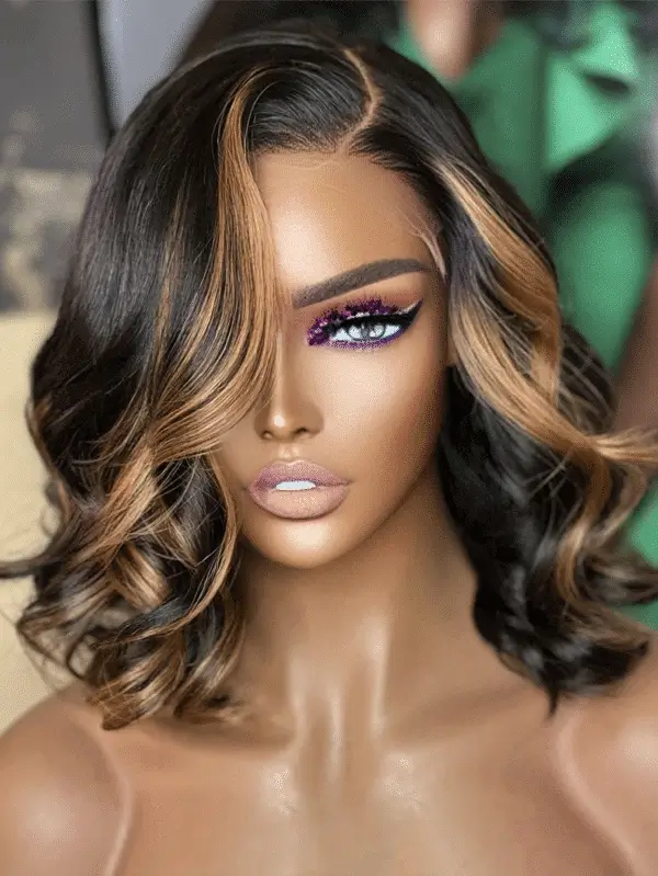 Highlight Brown Loose Wave Minimalist HD Lace Glueless C Part Short Wig 100% Human Hair