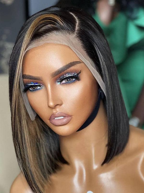Brown Highlight Straight Bob Side Part Minimalist Lace Wig