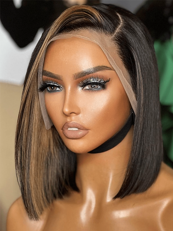 Brown Highlight Color Straight Bob Side Part Minimalist Lace Wig