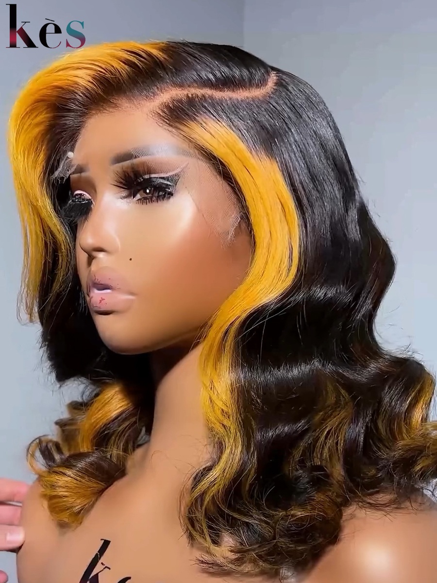Keswigs 6×6 HD Lace Closure Wigs Virgin Human Hair 200 Density Lace Closure Body Wave Wigs Yellow Highlight Color