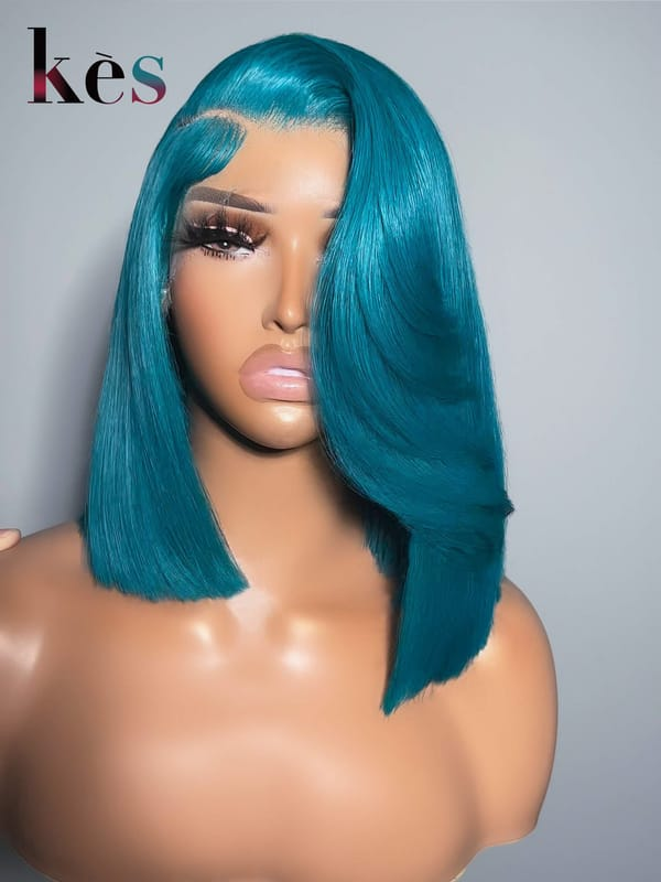 Keswigs 6x6 HD Lace Wigs Virgin Human Hair 200 Density Side Part Blunt Cut Bob Blue Color