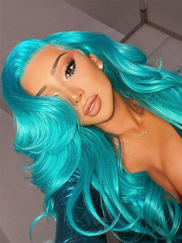 Keswigs HD Full Lace Wigs Virgin Human Hair 200 Density Heavy Layer Wavy Blue Color